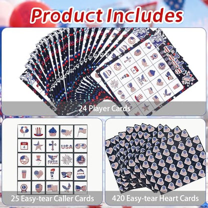 4th of July Bingo Game Cards, 24 Players Patriotic Bingo Cards, Fourth of July Bingos Game for Adults Outdoor Family Friends Student Large Group Activities Independence Day Party Favors Supplies - color: Red and Blue