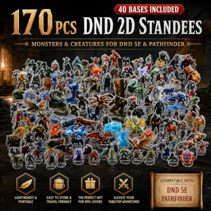 DND Miniatures Starter Set 173 Fantasy Figures for Tabletop Campaign | Acrylic flat minis with 40 bases for 1-inch grid battle maps, beginner DM gift with broad monster variety and sorted storage - style: 2d-stater-set