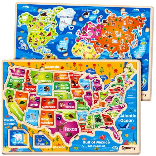 SYNARRY Large USA World Wooden Puzzles for Kids Ages 4-6, Learning United States World Maps Puzles for Kids Ages 6-8, Wood Jigsaw Puzzles Educational Games Toys Gifts for Boys Girls Ages 3-8 - style: USA World Map