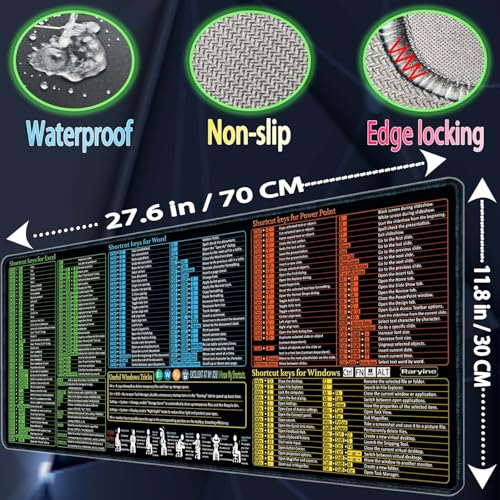 Excel/Word/Power Point/Windows Mouse pad,Non-Slip&Waterproof Large Gaming Office pc Desk mat,Over 200 Keyboard Shortcuts Mousepad(27.6L x 11.8W inches) - size: 27.6L x 11.8W inches