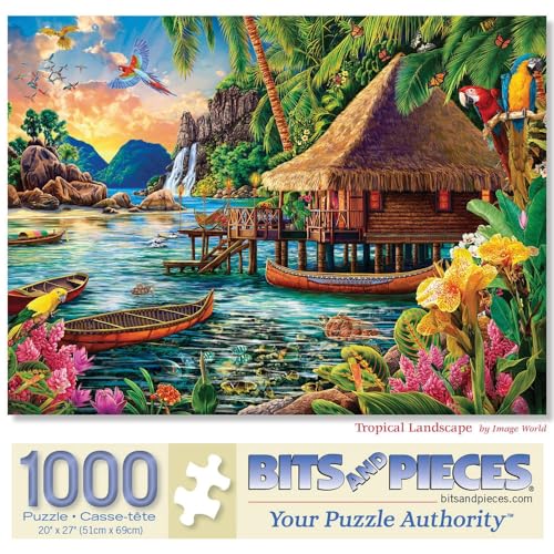 Bits and Pieces 1000 Piece Puzzles for Adults - Large 20" x 27" Jigsaw Puzzles 1000 Pieces Tiki Hut Polynesian Lagoon, Random Die Cut, No 2 Pieces Alike, Tropical Landscape - size: 1000 Piece Puzzle