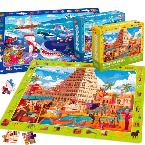 QUOKKA 60 Piece Kids Puzzles Ages 5-8 - Set of 4 Bible Jigsaw Puzzles for Kids 4-6-10 Year Old - Tower of Babel - Noah`s Ark - Eden Toys for Children 5-7 yo - Christian Gifts for Boys & Girls - color: Yellow Ang Green