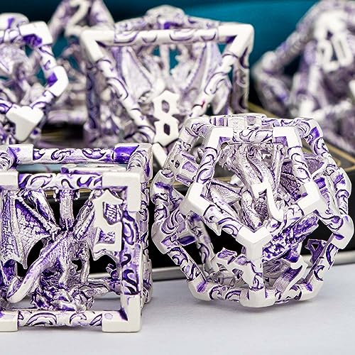 ARUOHHA Hollow DND Dice Set Silver Purple 5-Headed Dragons D and D Dice with Gift Box, Role Playing Games RPG 7PCS Dungeons Metal Polyhedral Dice D20 D12 D10 D8 D6 D4 - color: Silver Purple-02