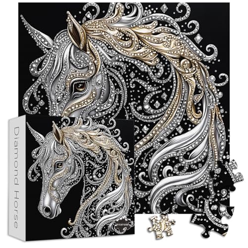 PICKFORU Horse 1000 Piece Puzzle for Adults, Diamond Horse Jigsaw Puzzles Line Art, Challenging Hard Animal Puzzle as Home Decor - style: Diamond Horse