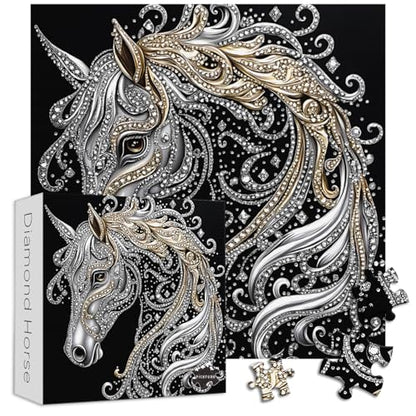 PICKFORU Horse 1000 Piece Puzzle for Adults, Diamond Horse Jigsaw Puzzles Line Art, Challenging Hard Animal Puzzle as Home Decor - style: Diamond Horse