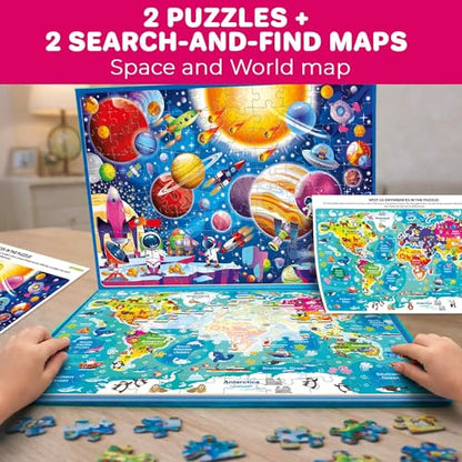 QUOKKA Magnetic Puzzles for Kids Ages 4-6 – 100 PCS Magnetic Puzzle Book for Toddlers 3-5 – 2 Puzzles & 2 Spot The Difference Maps – Search & Find Travel Games – Space, World Map Toddler Travel Toys - color: Maps 100pcs