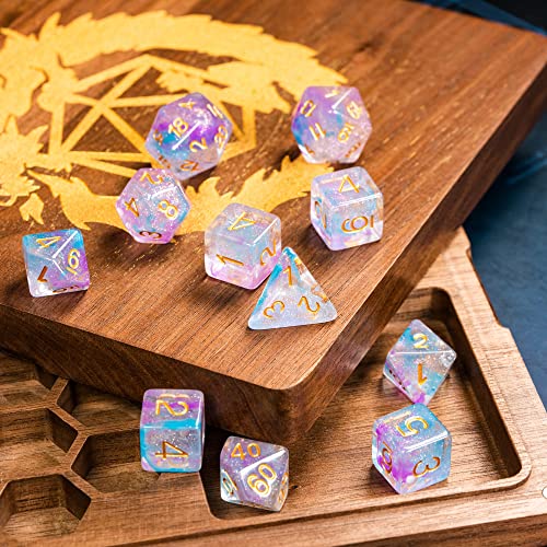 UDIXI 11-Pieces DND Dice Set Iridecent Swirls, Glitter Polyhedral D&D Dice | Purple & Blue Colors, Gold Number, Velvet Dice Bag Packaging, for Dungeons and Dragons Role Playing Games and Tabletop Games - color: 11 Piece Purple Blue Glitter Dice