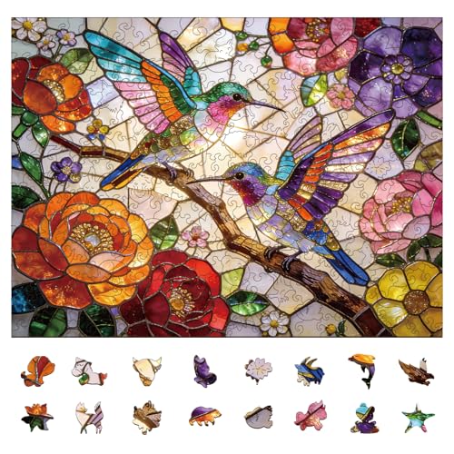 300pcs Wooden Puzzles for Adults Unique Animal Shaped Pieces | Colorful Funny Jigsaw Puzzle Challenging Brain Teaser for Family Game Birthday Gift Home Decor (Flower Hummingbird) - color: Flower Hummingbird