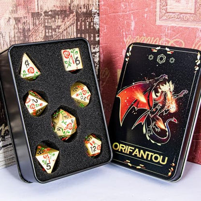 Gothic DND Dice Set Bleeding Rose Metal D and D Dice for use with Dungeons Dragons D&D Role Playing Game, Red RPG Blood Polyhedral Dice Set D20 D12 D10 D8 D6 D4 - color: Red&gold&black Numbers