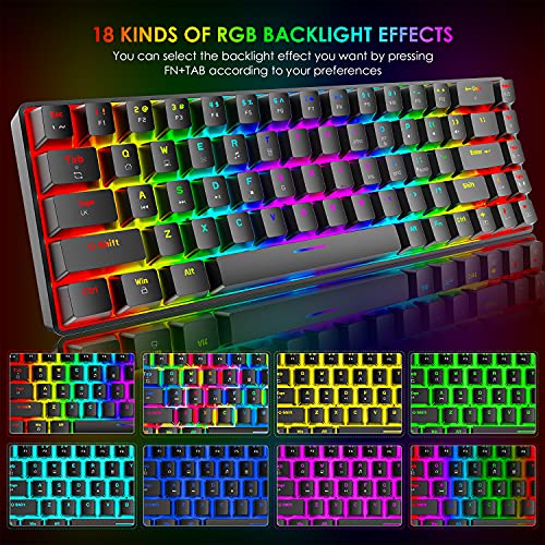 60% Mini 68 Key RGB Backlit Wired USB C Gaming Mechanical Blue Switch Keyboard + Rainbow Backlight 6400 DPI Mouse + Mouse Bungee Cable Cord Management Fixer Holder + Mouse Pad For ESports,Game,office