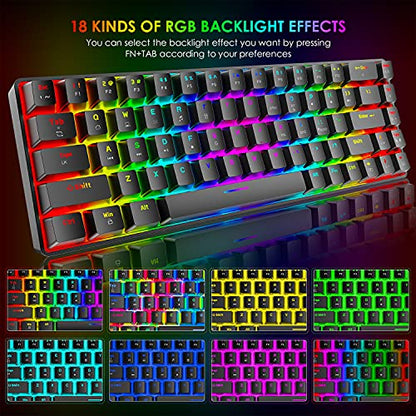60% Mini 68 Key RGB Backlit Wired USB C Gaming Mechanical Blue Switch Keyboard + Rainbow Backlight 6400 DPI Mouse + Mouse Bungee Cable Cord Management Fixer Holder + Mouse Pad For ESports,Game,office