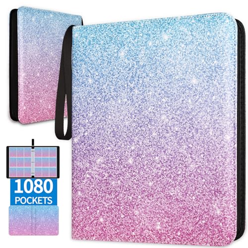 Card Binder, Holds 1080 Cards, 9-Pocket Pink and Blue Trading Card Binder | 60 Removable Double-Sided Pages, Splash-Resistant Cover, Zipper & Wrist Strap for Unsleeved & Penny-Sleeved TCG, Sports Cards - color: Pink&Blue, size: 9 Pockets