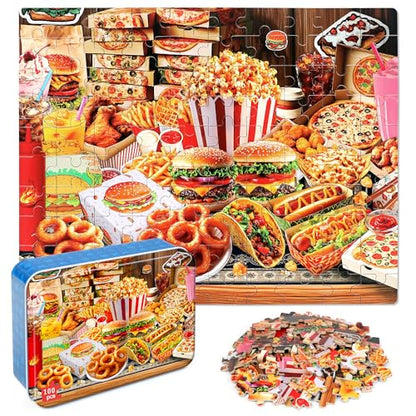 LELEMON Puzzles for Kids Ages 4-6,Hamburger Foods 100 Piece Puzzles for Kids Ages 4-8 in a Metal Box, Educational Jigsaw Puzzles 100 Piece Puzzle Games Puzzle Toys for Girls and Boys - color: Hamburger Foods