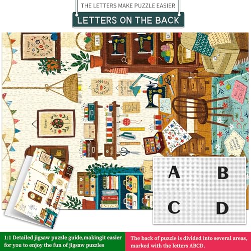 1000 Piece Jigsaw Puzzles for Adults, Sewing Room Puzzle with 1:1 HD Poster, Precise Interlocking, Letter Markings on Back, Dust-Free, Stress Relief & Ideal Family Game Gift - color: Sewing Room