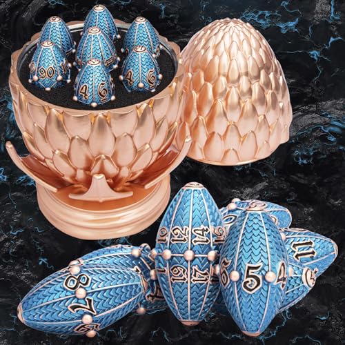 ARUOHHA DND Metal Dice Copper Blue Dragon Egg Dice with Rotating Dragon Egg Shell, Role Playing Game RPG Polyhedral D and D Dice Set D20 D12 D10 D8 D6 D4 - color: Copper Blue