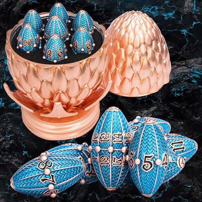 ARUOHHA DND Metal Dice Copper Blue Dragon Egg Dice with Rotating Dragon Egg Shell, Role Playing Game RPG Polyhedral D and D Dice Set D20 D12 D10 D8 D6 D4 - color: Copper Blue
