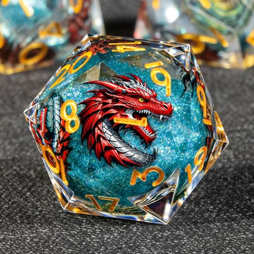 KERWELLSI Liquid Core Dragons Pattern Dice, Resin DND Dice Set with Gift Box, Blue and Gold Sharp Edged Dungeons D&D Dice, Role Playing Game Dice D20 D12 D10 D8 D6 D4 - color: Blue and Gold