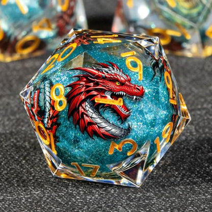 KERWELLSI Liquid Core Dragons Pattern Dice, Resin DND Dice Set with Gift Box, Blue and Gold Sharp Edged Dungeons D&D Dice, Role Playing Game Dice D20 D12 D10 D8 D6 D4 - color: Blue and Gold