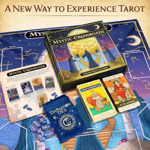 A Tarot-Guided Journey: Mystic Crossroads | 1-5 Players | Beginner Friendly | Cooperative storytelling card game | Groups or Solo| Meanings on Cards | Includes Deck, Cloth, Card Box, Mystic Dice