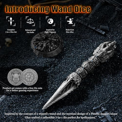 Metal DND Wand dice Set with Bagua Stand, Seven as one, Roulette dice Rotator, Suitable for Role-Playing or Steampunk Themed Games with D20 D12 D10 D8 D6 D4 D00% dice Set with one D2 Coin (Silvery) - color: Silvery