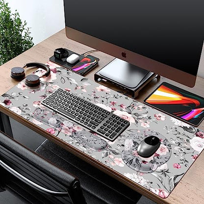 iCasso Large Mouse Pad Wrist Support Set, 4in1 XXL Big Mousepad + Keyboard Wrist Rest + Mouse Wrist Rest + Coaster Set with Ergonomic Design Gaming Mat for Home Office Table Computer - Pink Floral - color: Tea Rose