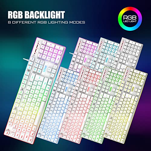RedThunder K10 Wired Gaming Keyboard and Mouse and Wrist Rest Combo, RGB Backlit, Mechanical Feel Anti-ghosting Keyboard + 7D 7200 DPI Mice+Soft Leather Wrist Rest 3 in 1 PC Gamer Accessories(White) - color: White