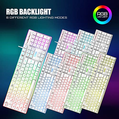 RedThunder K10 Wired Gaming Keyboard and Mouse and Wrist Rest Combo, RGB Backlit, Mechanical Feel Anti-ghosting Keyboard + 7D 7200 DPI Mice+Soft Leather Wrist Rest 3 in 1 PC Gamer Accessories(White) - color: White