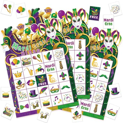 Blosssound Mardi Gras Bingo Game Set Bingo Cards for 24 Players Mardi Gras Party Game for Family Activities Carnival Holiday Cards for Party Favor - style: Mardi Gras