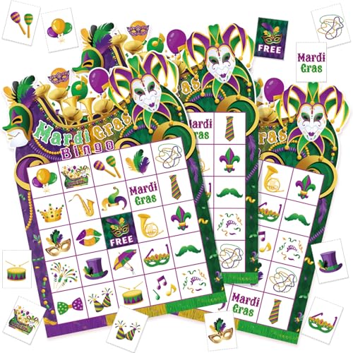 Blosssound Mardi Gras Bingo Game Set Bingo Cards for 24 Players Mardi Gras Party Game for Family Activities Carnival Holiday Cards for Party Favor - style: Mardi Gras