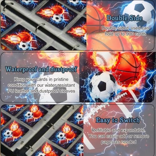 Trading Card Binder 9 Pocket, Card Binder Holds 900 Cards with 50 Removable Sleeves, Waterproof PU Leather with Zipper Card Collector Album Book Compatible with TCG Cards - color: Ball