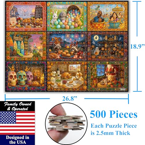Think2Master Holiday Collage 500 Pieces Very Large Pieces Jigsaw Puzzle: 13+, Teens, Adults & Seniors. A Year of Celebration an Excellent Present for Birthdays, Christmas. Size: 26.8” X 18.9” - style: Holidays & Vacations