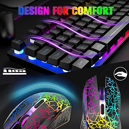 Wireless Membrane Gaming Keyboard and Mouse Set with 87Key Tenkeyless-Black | Rainbow LED Backlight,Rechargeable 3800mAh Battery,Anti-ghosting,Ergonomic,Waterproof,RGB Mute Mice for Computer PC Mac Gamer - color: Black