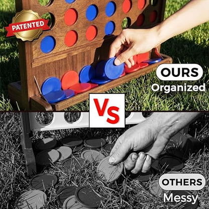 Giant Wooden 4 in A Row Game with Folding Catch Tray, Wall-Mountable or Ground Play, Indoor Outdoor & Backyard Game, Includes Carry Case and Detachable Legs - style: Classic Brown (33" Height)