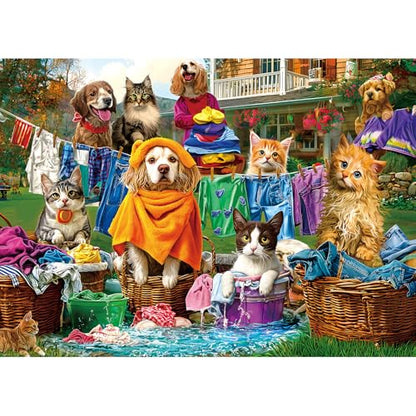 Laundry Day Puzzles for Adults 1000 Pieces, Funny Dogs & Cats Jigsaw Puzzle | Colorful Backyard Theme Challenging Puzzle with Letter on Back & Reference Poster, Ideal for Adult Entertainment Family Game - color: Laundry Day