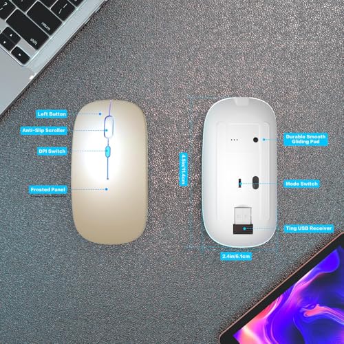AIKOKOK Wireless Bluetooth Mouse, Rechargeable Dual Mode Mouse, Gold | BT 5.2 & 2.4G USB Receiver, 3 Adjustable DPI,LED Lights,Slim,Silent,Portable Computer Mouse for Laptop,PC,MacBook,iPad,Tablet - color: Gold