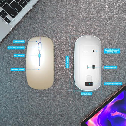 AIKOKOK Wireless Bluetooth Mouse, Rechargeable Dual Mode Mouse, Gold | BT 5.2 & 2.4G USB Receiver, 3 Adjustable DPI,LED Lights,Slim,Silent,Portable Computer Mouse for Laptop,PC,MacBook,iPad,Tablet - color: Gold