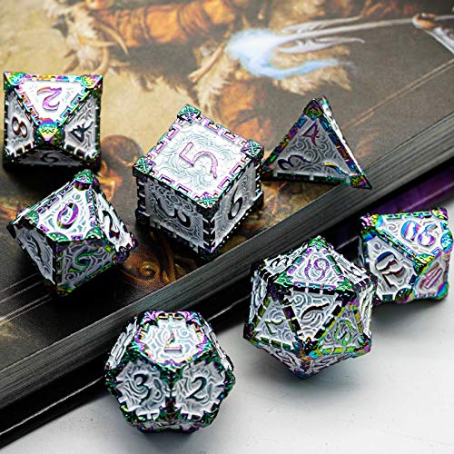Cusdie 7 Pcs Metal DND Dice with Metal Box, Dagger Design Polyhedral Dice Set, for Role Playing Game D&D Dice (Colorful White) - color: Colorful White