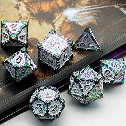 Cusdie 7 Pcs Metal DND Dice with Metal Box, Dagger Design Polyhedral Dice Set, for Role Playing Game D&D Dice (Colorful White) - color: Colorful White