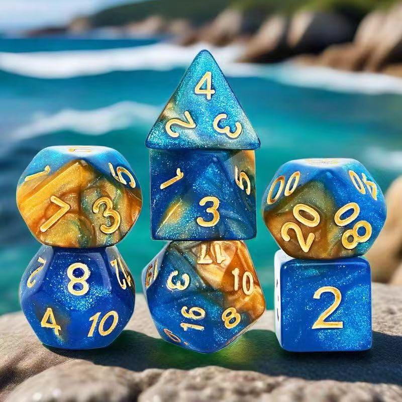 7Pcs Polyhedral DND Dice Set with Black Storage Bag(Blue&Gold+Nebula) | Classic dice set for RPG Polyhedral Dice for Dungeon and Dragons Playing Games 7-Die Set - color: Blue&gold+nebula Dice
