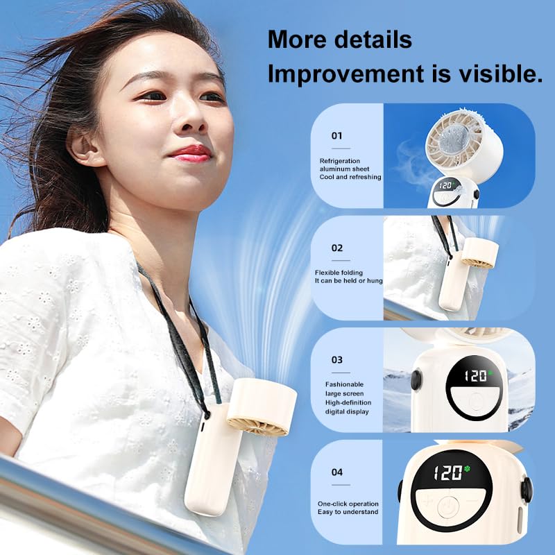 Portable Handheld Fan with Ice Cooling, USB Rechargeable Personal Hand Held Fan, 120 Gear Speed Wind Stepless Control, 4000mah Battery Operated, Powerful Hand Fan Neck Fan for Travel Outdoor (White)