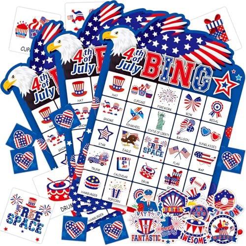 39Pcs 4th of July Bingo Game for Adults Kids 24 Players Eagle Shape Bingo Game Cards with Reward Stickers for Family Friend Student Large Group Activities Independence Day Patriotic Party Favors - style: 4th of July