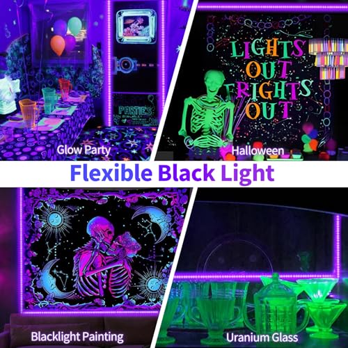66 Foot Black Light Strip & Remote, 1200LEDs, Dimmable, 3 Lighting Modes | 12V Flexible Black Lights for Halloween, Glow Neon Party, Bedroom, Classroom, Fluorescent Decor Tapestry Poster, Indoor - size: 66FT
