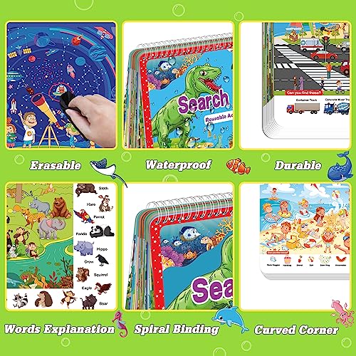 Elfew Search and Find Reusable Activity Book for Kids 3-5 4-8, Travel Games | 24 Unique Themed, Wipe Clean Educational Toys, Car Games Travel Toys for Toddlers, Kids Airplane Road Trip Travel Essentials - color: Search and Find Cards