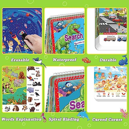 Elfew Search and Find Reusable Activity Book for Kids 3-5 4-8, Travel Games | 24 Unique Themed, Wipe Clean Educational Toys, Car Games Travel Toys for Toddlers, Kids Airplane Road Trip Travel Essentials - color: Search and Find Cards