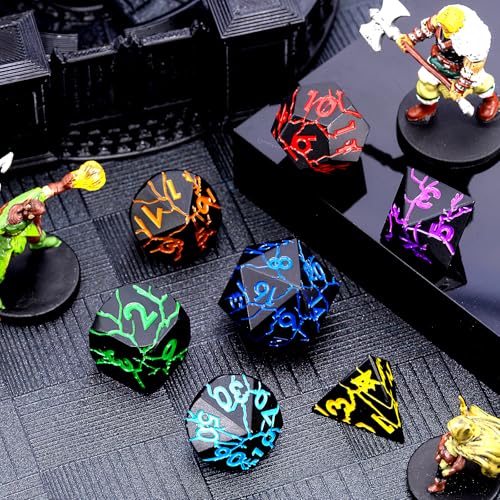 D&D Metal Dice Dungeons and Dragons Metal Dice Set with Cracks, Polyhedral Dice Set for RPG TTRPG D&D Die with Gift Case - color: Black and Coloured Cracks