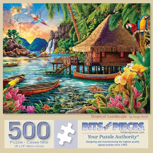 Bits and Pieces 500 Piece Puzzles for Adults - Large 18" x 24" Jigsaw Puzzles 500 Pieces Tiki Hut Polynesian Lagoon, Random Die Cut, No 2 Pieces Alike, Tropical Landscape - size: 500 Piece Puzzle
