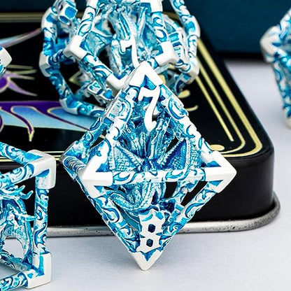 ARUOHHA Hollow DND Dice Set Silver Blue 5-Headed Dragons D and D Dice with Gift Box, Role Playing Games 7PCS Metal Dungeons Polyhedral Dice RPG Dice Set D20 D12 D10 D8 D6 D4 - color: Silver Blue-02