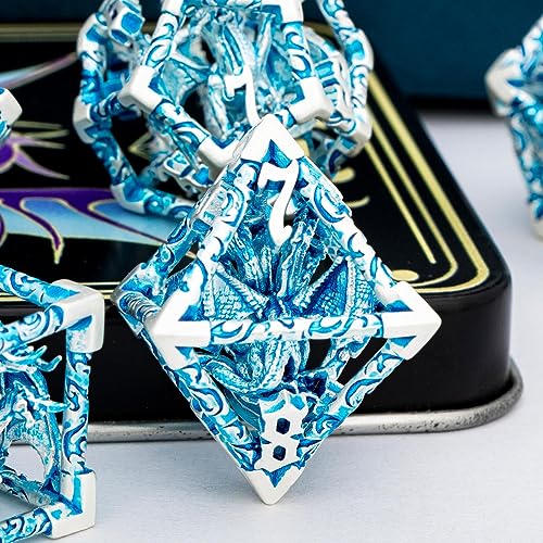 ARUOHHA Hollow DND Dice Set Silver Blue 5-Headed Dragons D and D Dice with Gift Box, Role Playing Games 7PCS Metal Dungeons Polyhedral Dice RPG Dice Set D20 D12 D10 D8 D6 D4 - color: Silver Blue-02