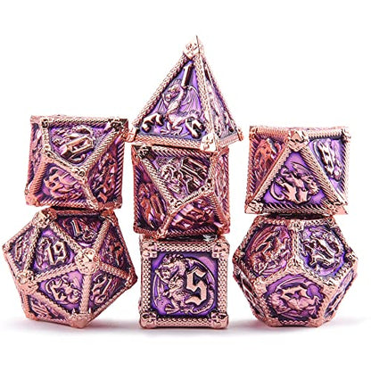 AUSTOR 7-Die Metal DND Dice Set Dungeons and Dragons Polyhedral Roll Playing Dice with Box D20 D12 D10 D% D8 D6 D4 for Pathfinder MTG RPG Board Games - color: Violet With Gold Edge