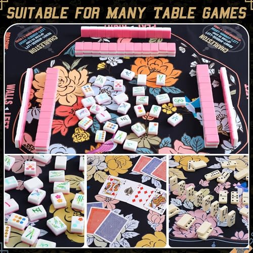 Soulchen Flower Black American Mahjong Mat for Table with Rules, No Creases, Ships Rolled, 31.5 x 31.5 Non-Slip Noise Reduction Gaming Mat with Carrying Bag for Poker Card Board - color: Black